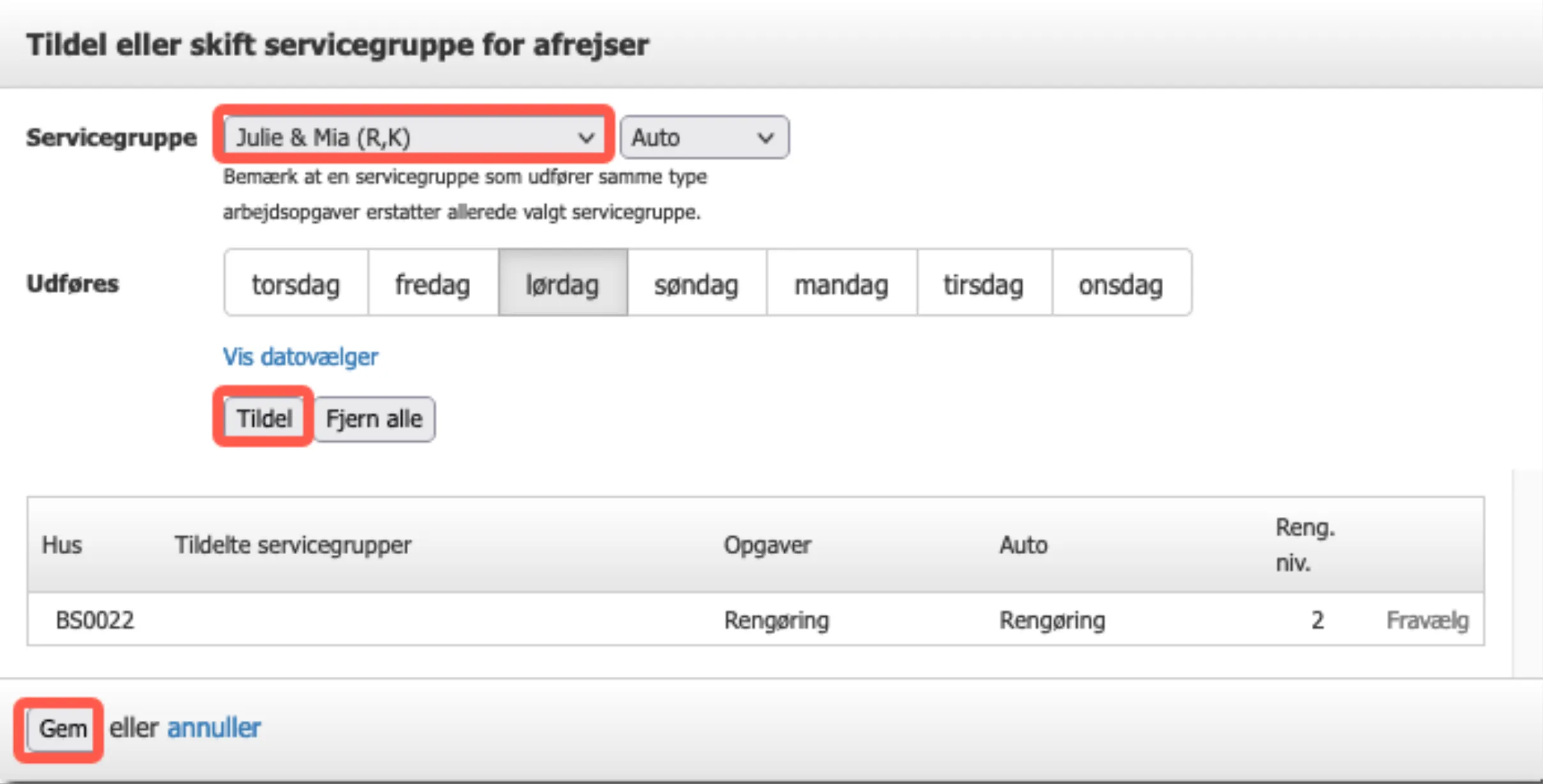 Vælg ønskede servicegruppe