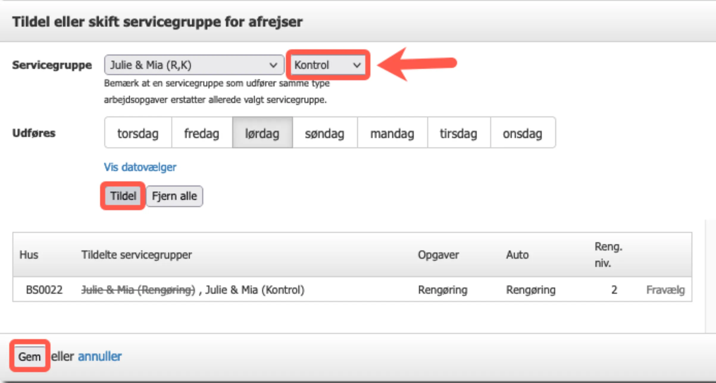 Tildel servicegruppe