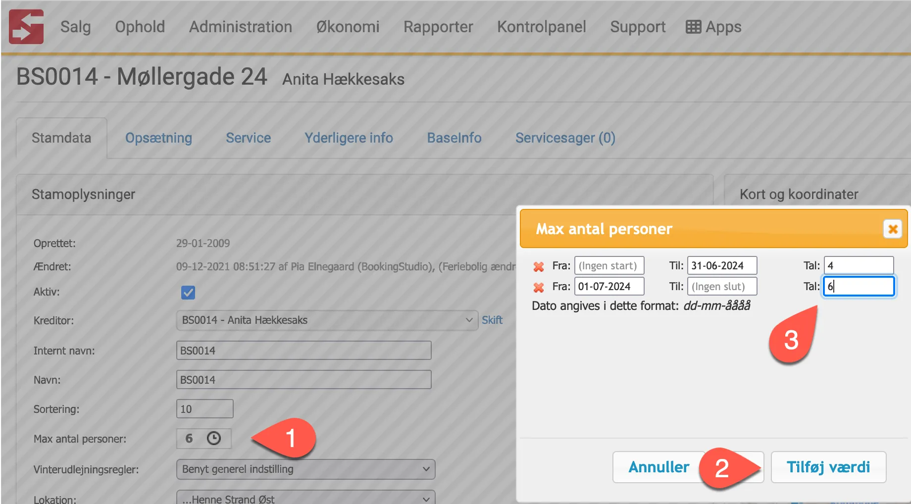 Ændre max antal personer i en feriebolig