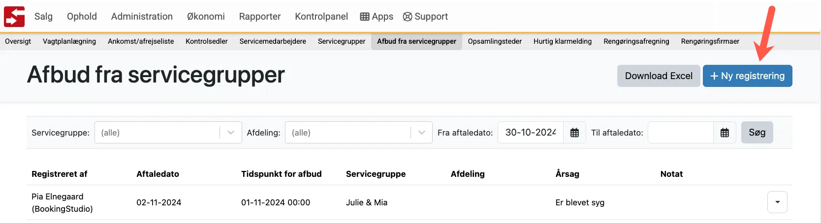 Registrer et nyt afbud fra en servicegruppe