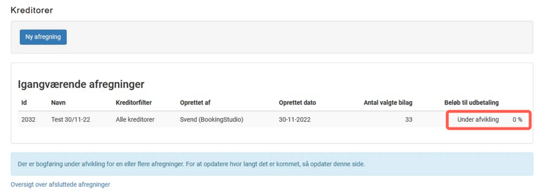 Oversigt over afsluttede afregninger