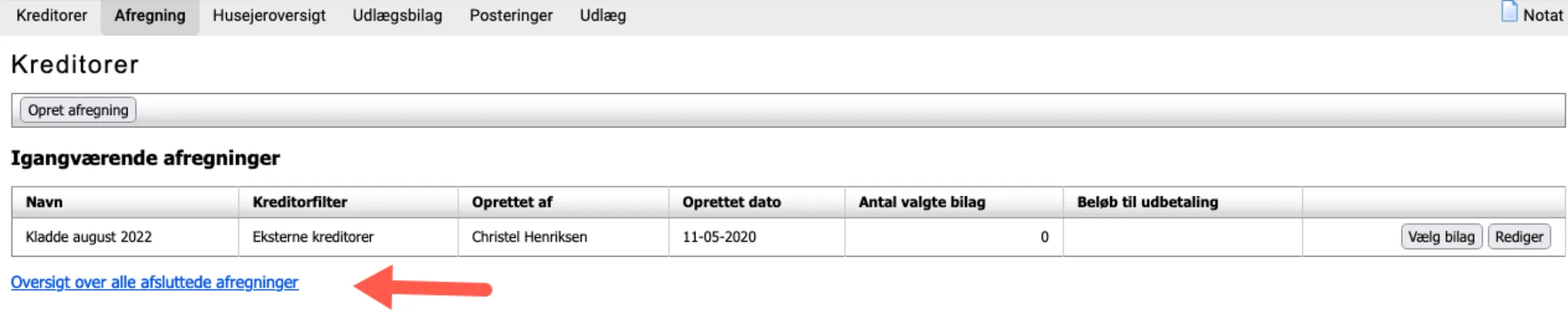 Oversigt over afsluttede afregninger