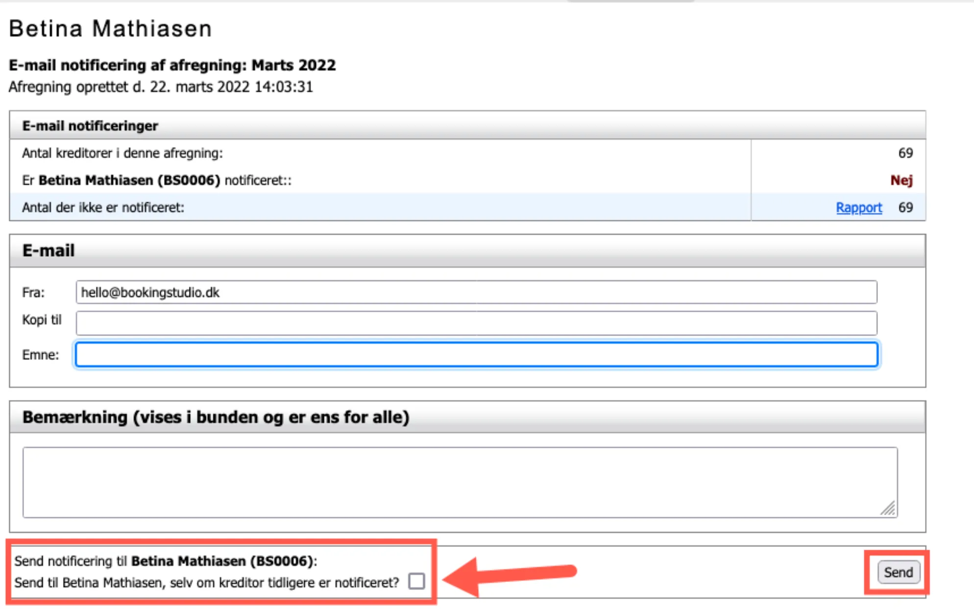 Kun sendt notificering til én kreditor
