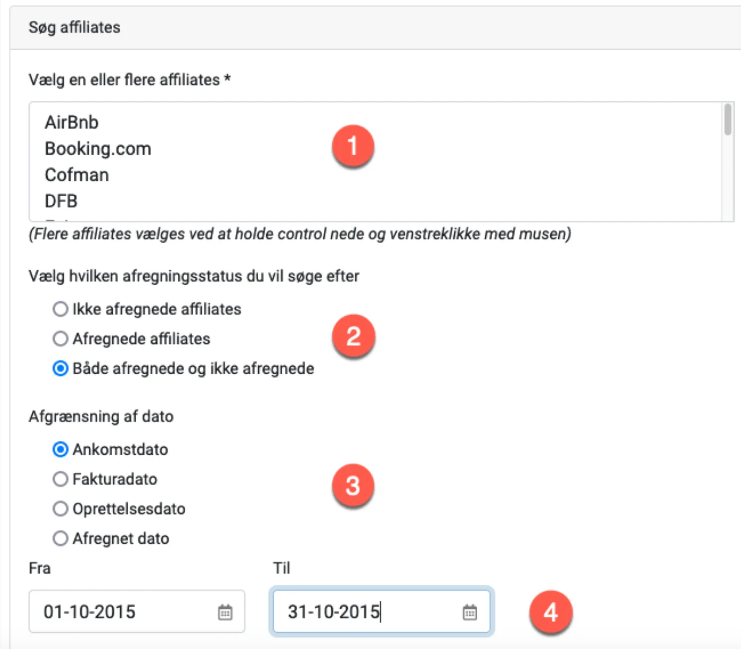 Indstillinger for liste over bookinger