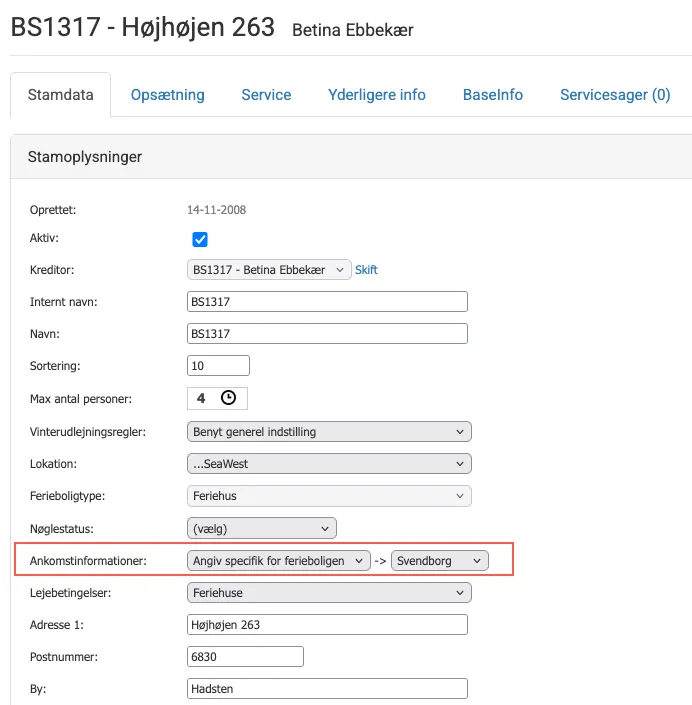 Vælg ankomstinformation under ferieboligens stamdata