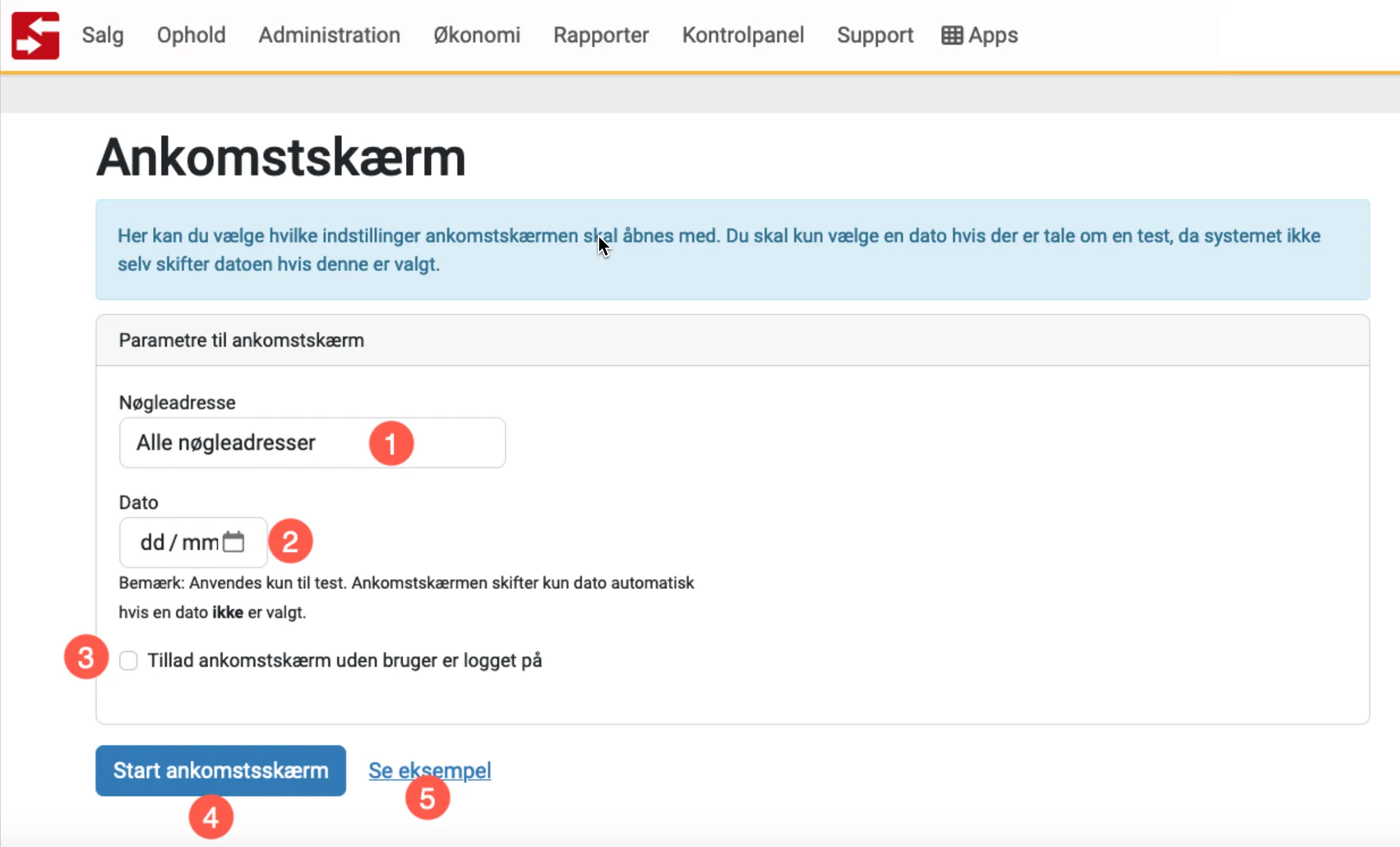 Indstillinger ankomstskærm