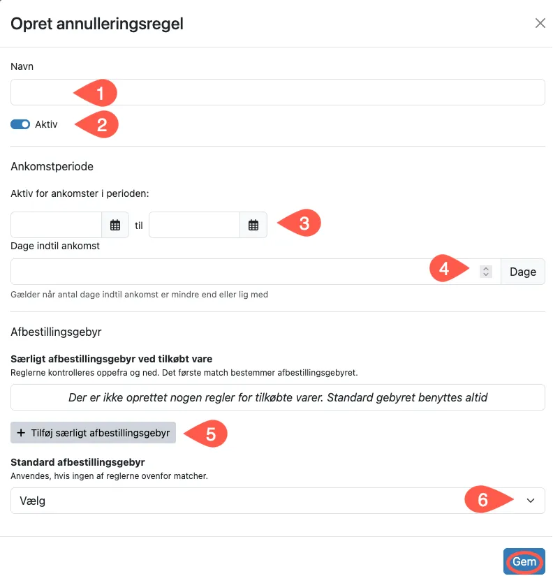 Udfyld felter for annulleringsregel
