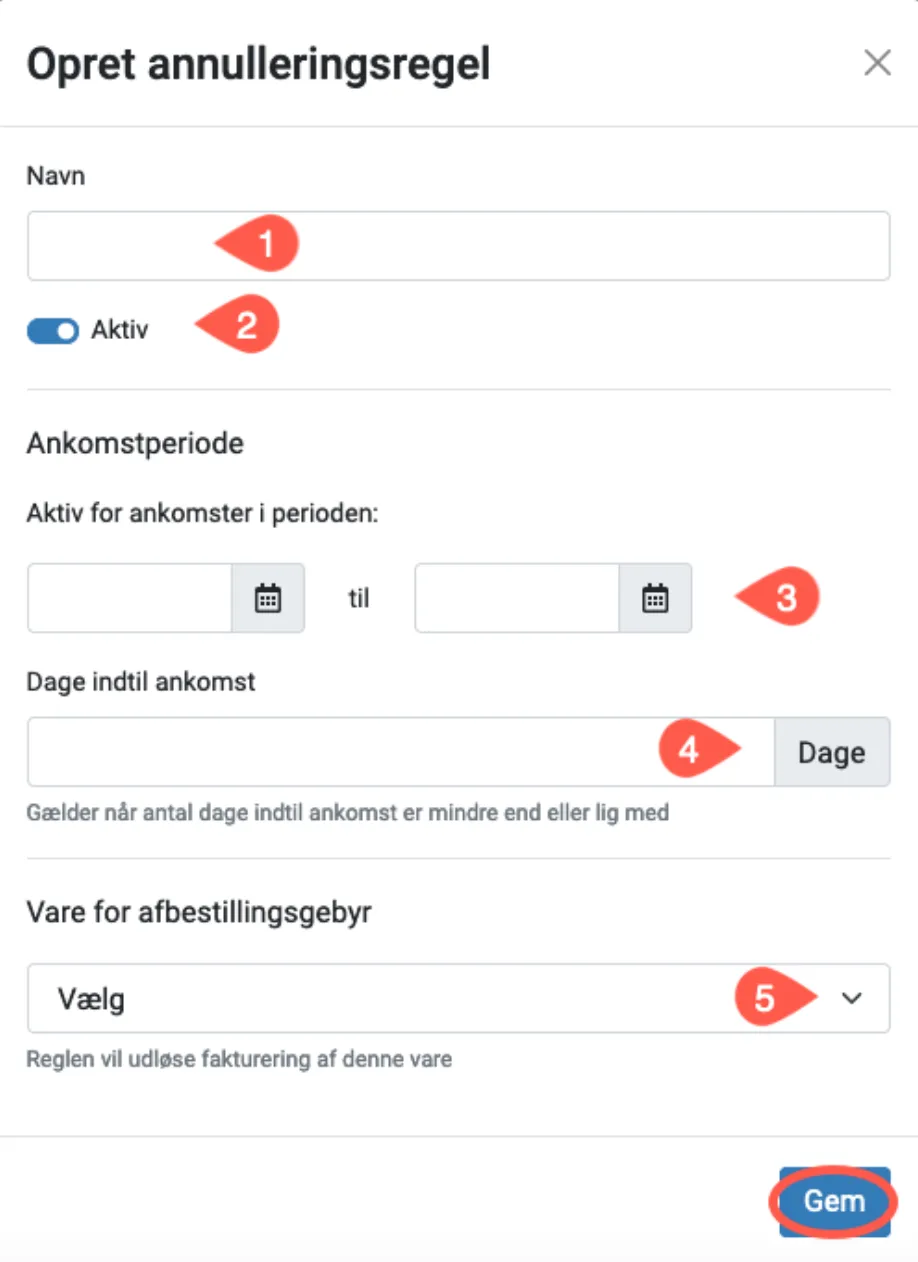 Udfyld felter for annulleringsregel