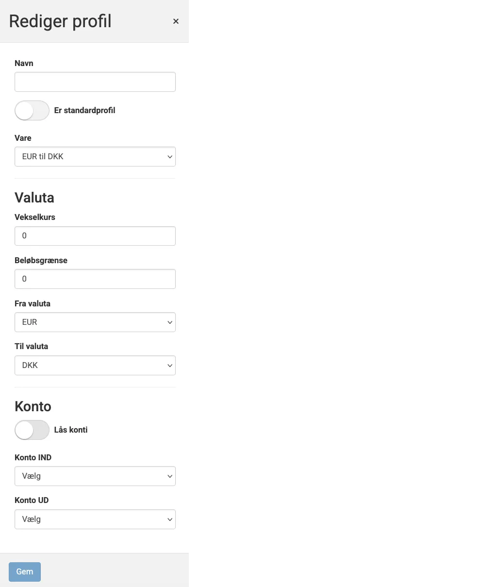 Indstillinger for valutaveksling