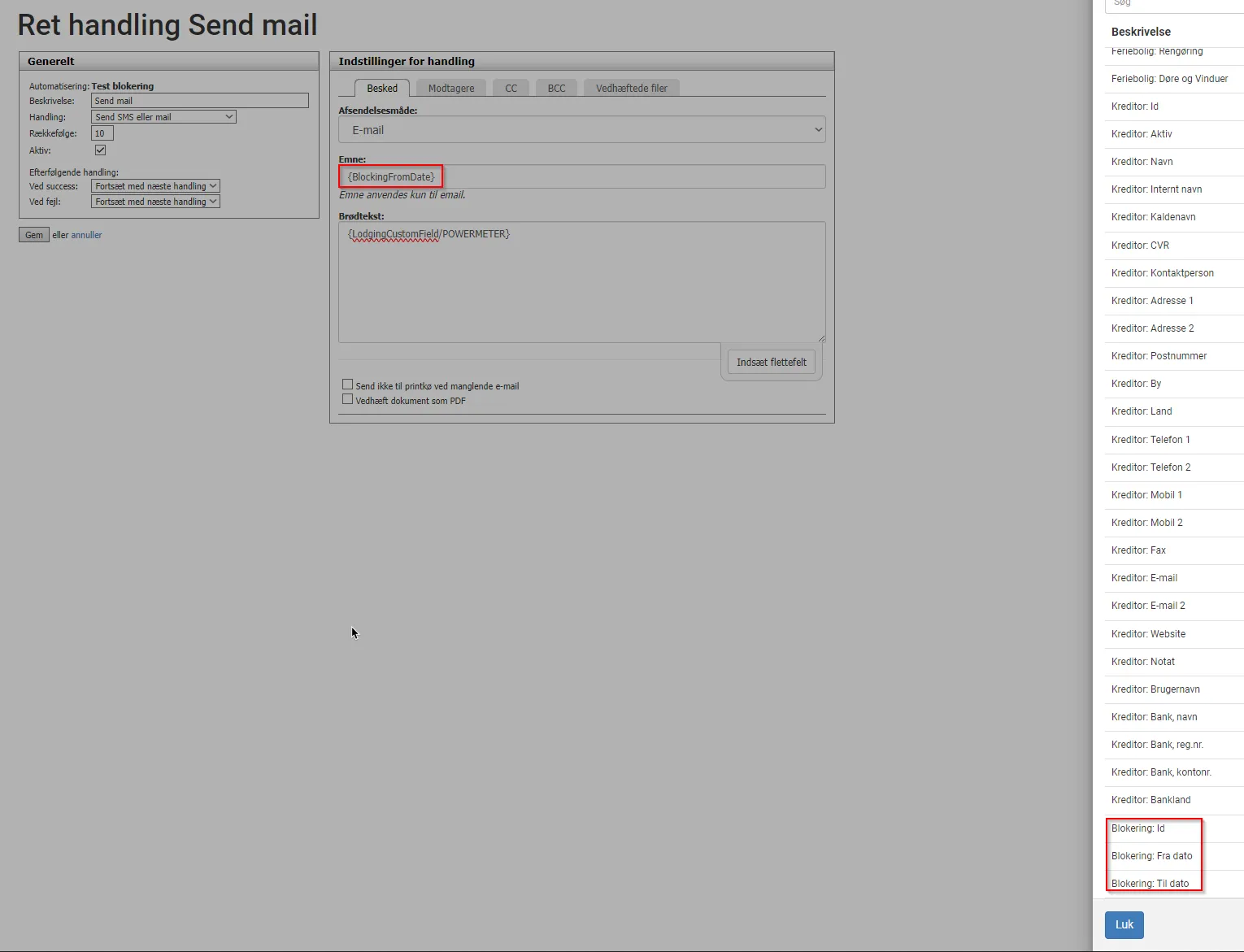 Flettefelt for blokerings startdato og slutdato