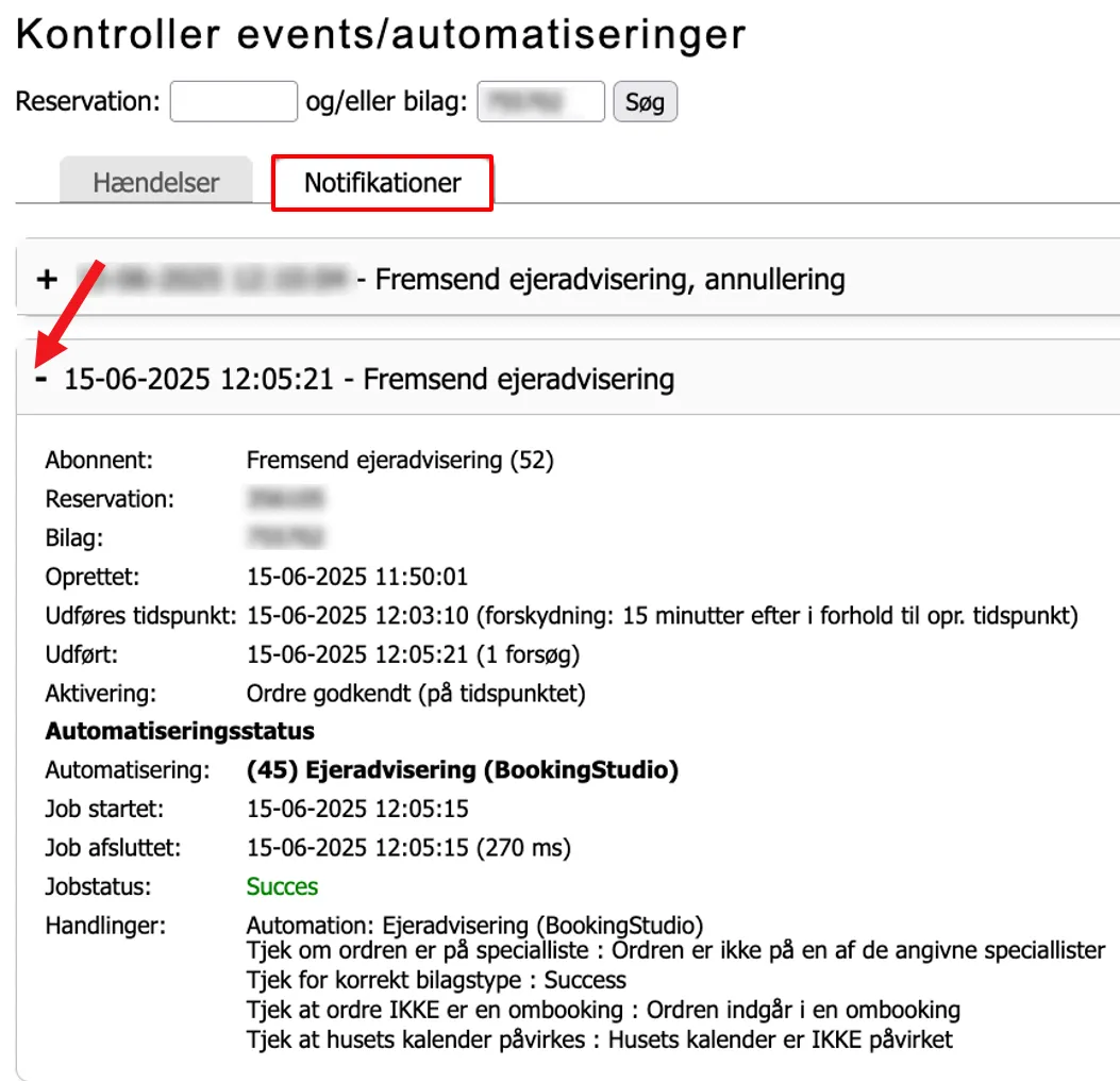 Se detaljer for automatiseringen, der er kørt