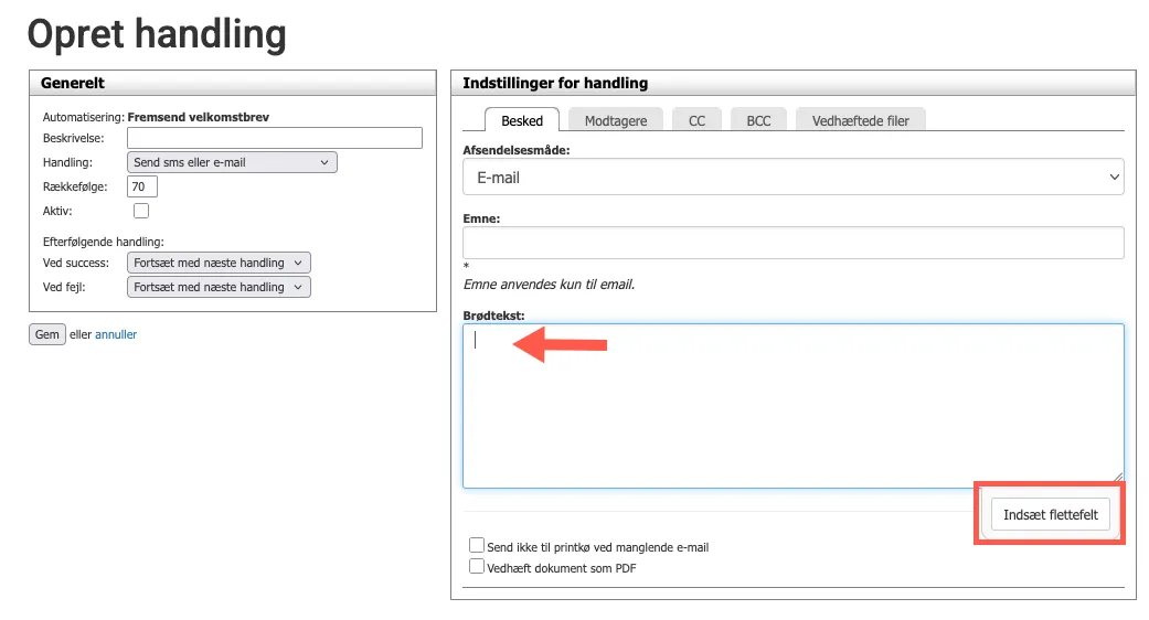 Skriv beskeden direkte i handlingen for automatiseringen