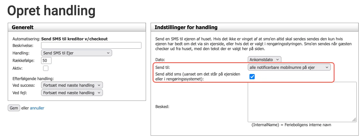 Handling: send SMS til ejer ifm. en ordre
