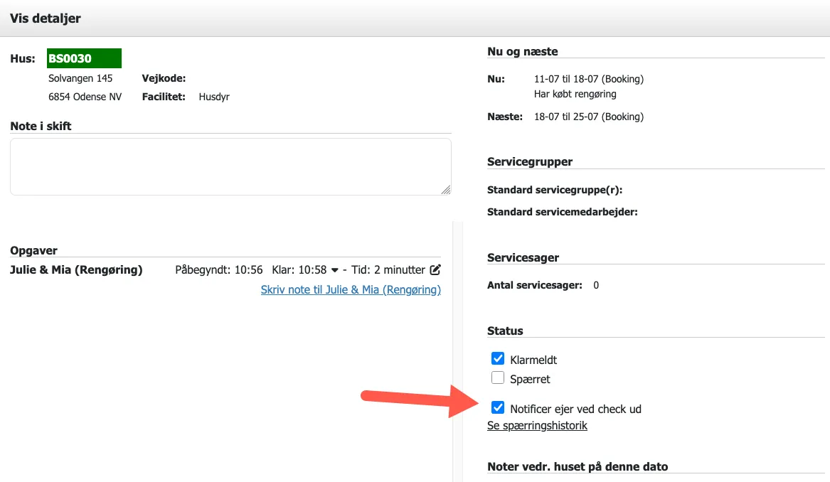 Indstilling i detaljer på en serviceopgave
