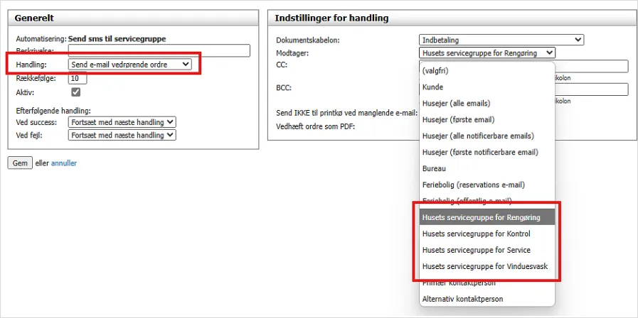 Handling: send -email vedrørende ordre