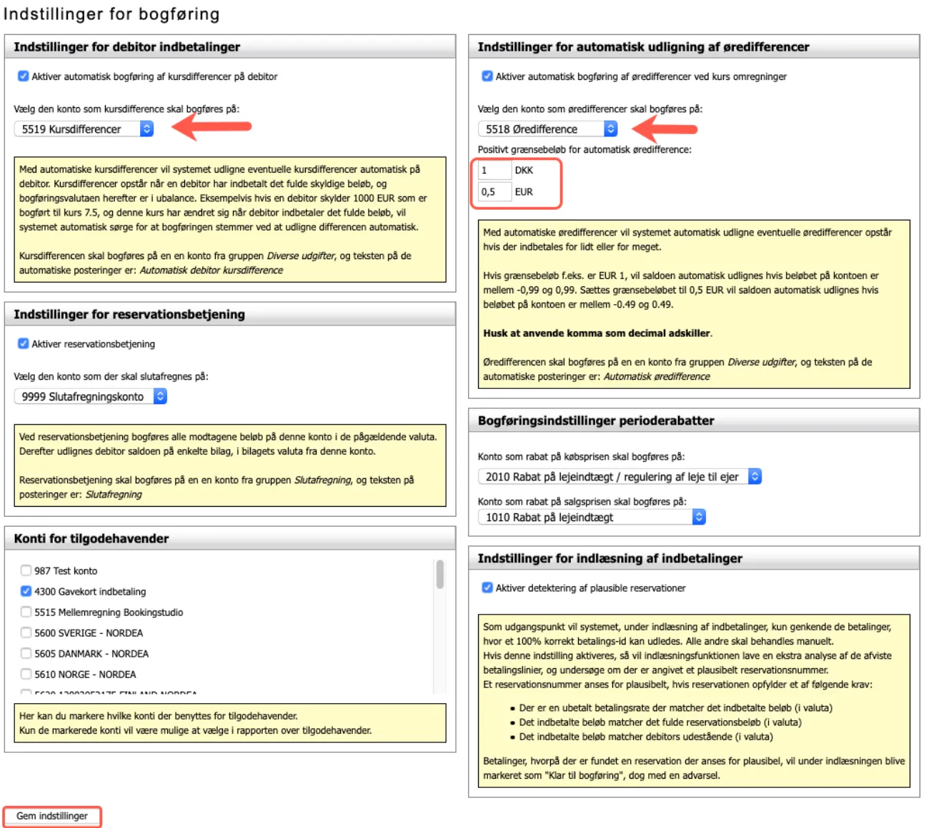 Indstillinger for automatisk kurs- og øredifferencer