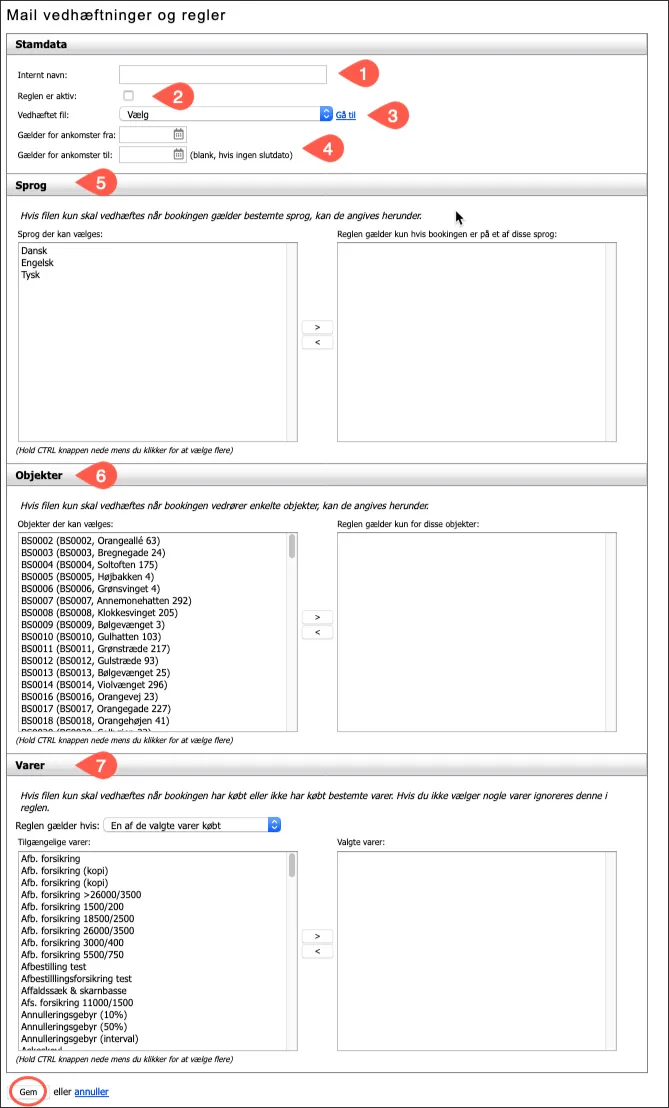 Udfyld indstillingerne for reglen til vedhæftning af pdf fil til mails