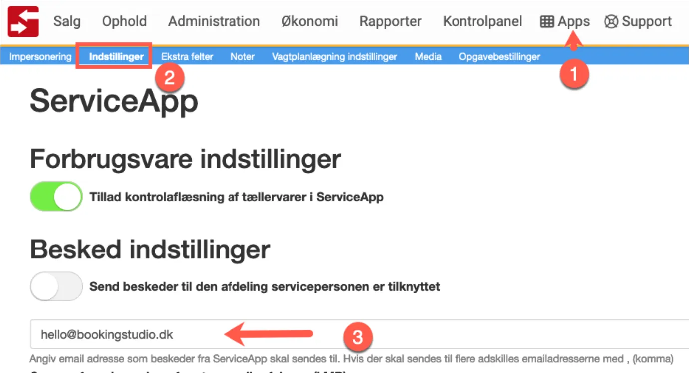 Indstillinger for hvor beskeder fra Service App'en skal sendes til