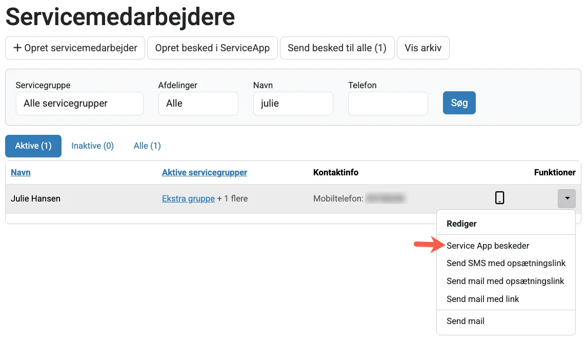 Menupunkt service app beskeder