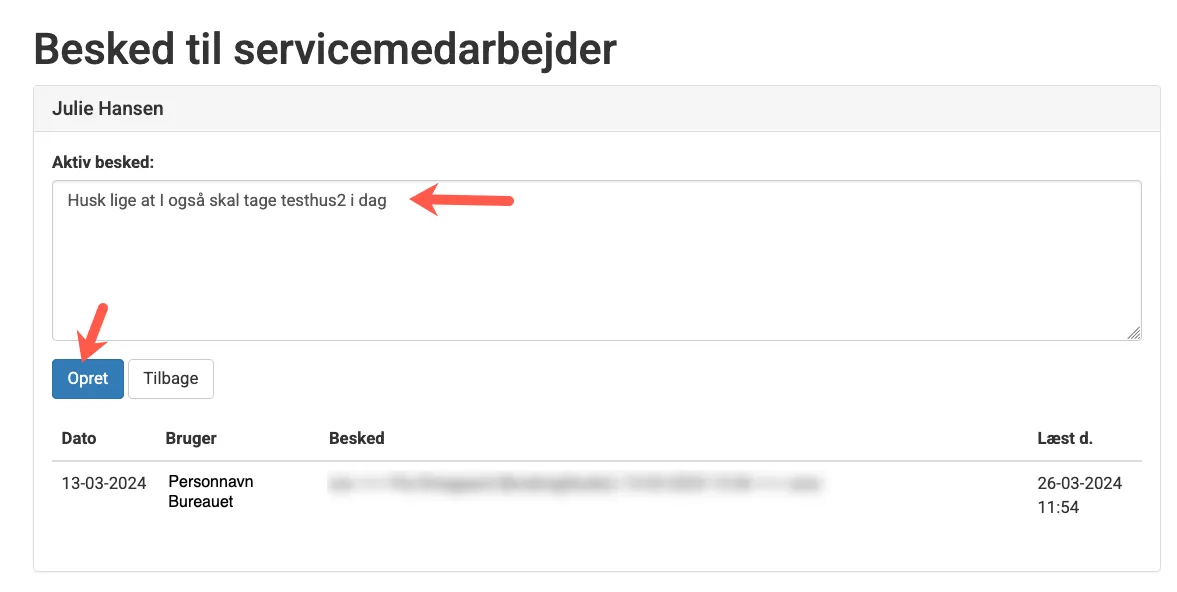 Skriv besked og send til service app&#x27;en