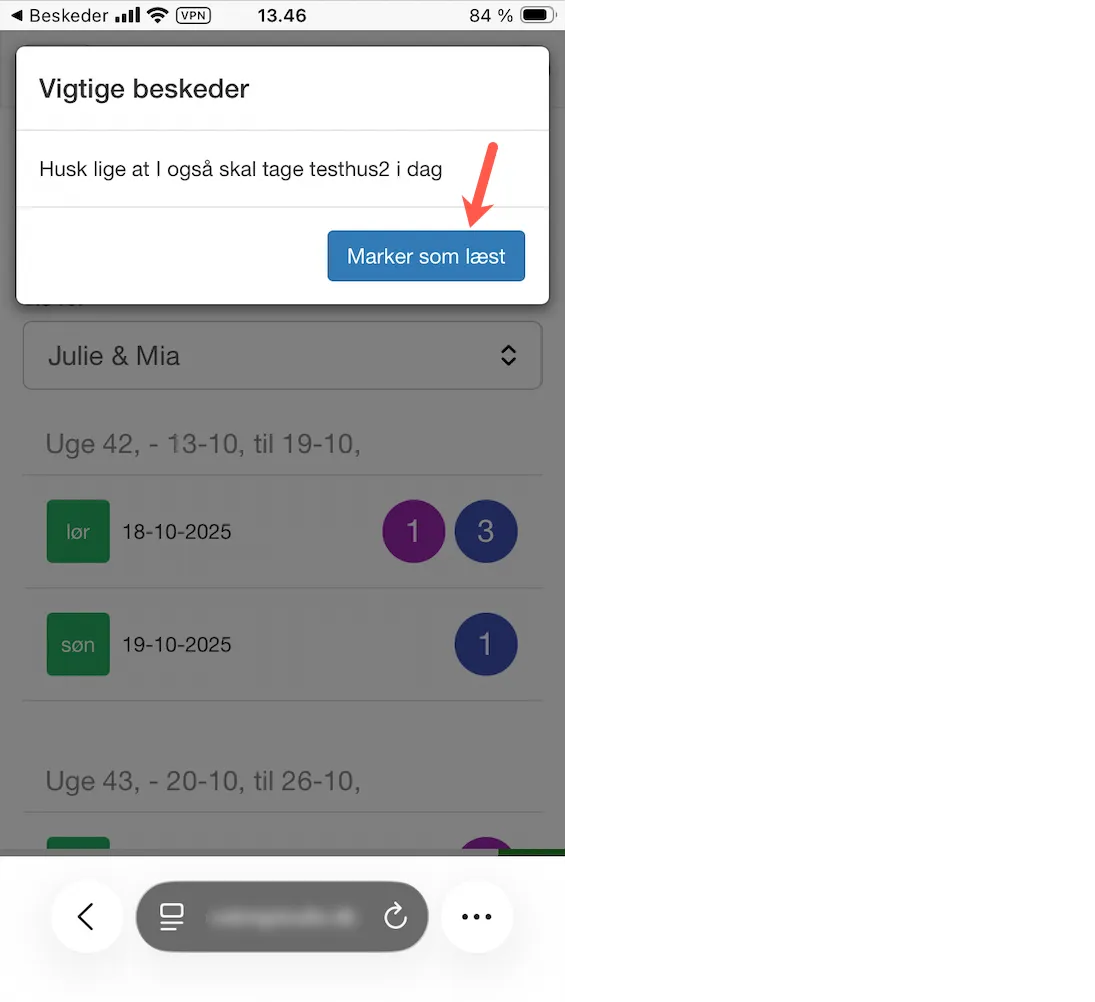 Besked sendt til en servicemedarbejders service app