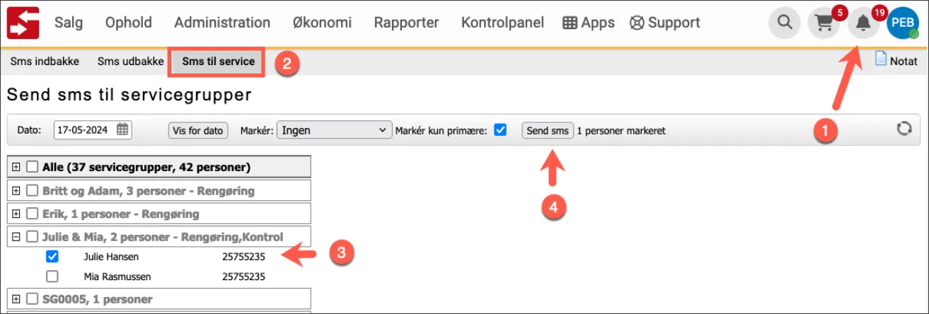 Send en sms til en servicemedarbejder