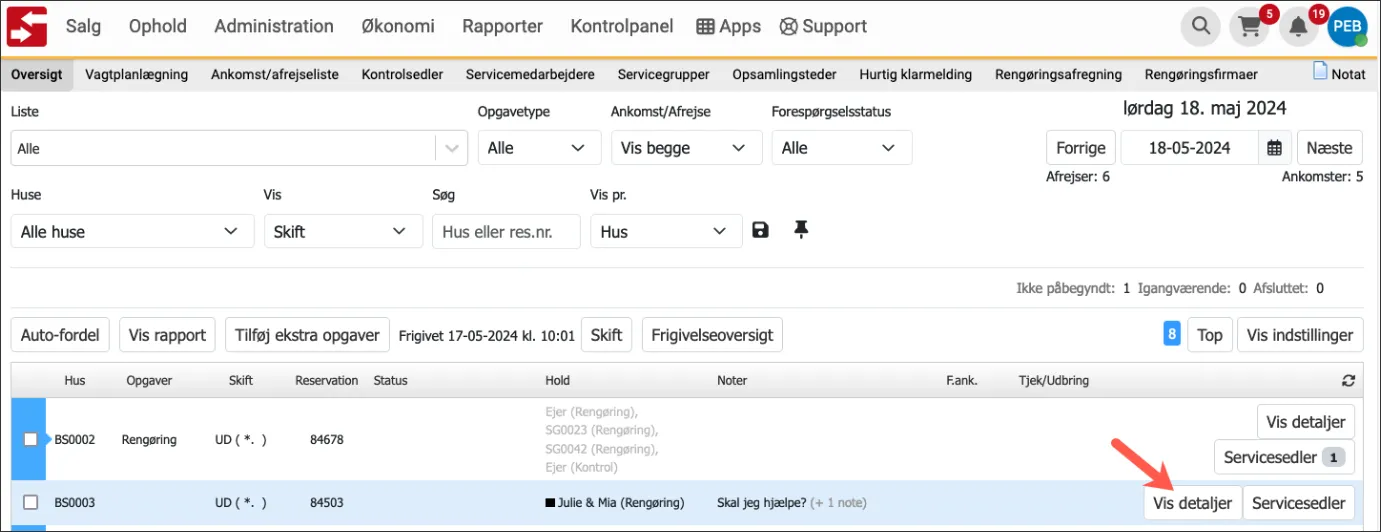 Gå til detaljer i serviceoversigten for at skrive et notat på en opgave til en servicemedarbejder