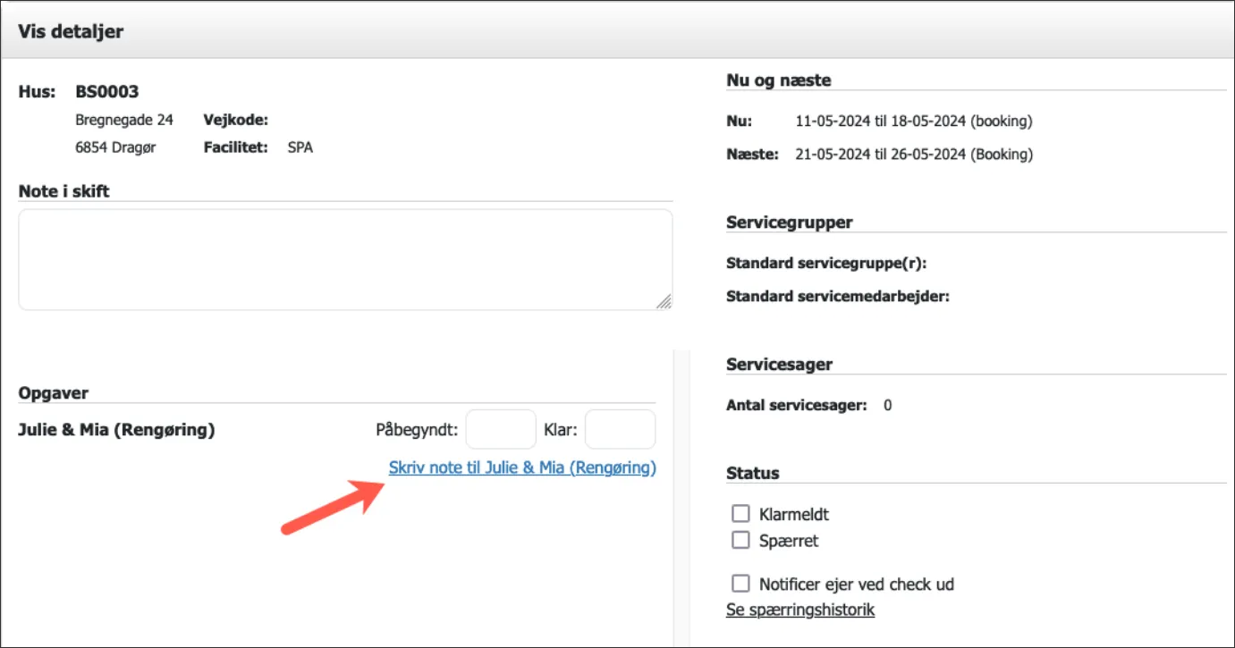 Skriv et notat servicemedarbejderen kan se på en opgave i service app&#x27;en
