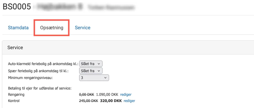 Serviceinfo på ferieboligens stamdata
