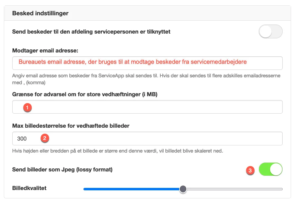 Besked indstillinger under Generelle indstilliger for Service App 