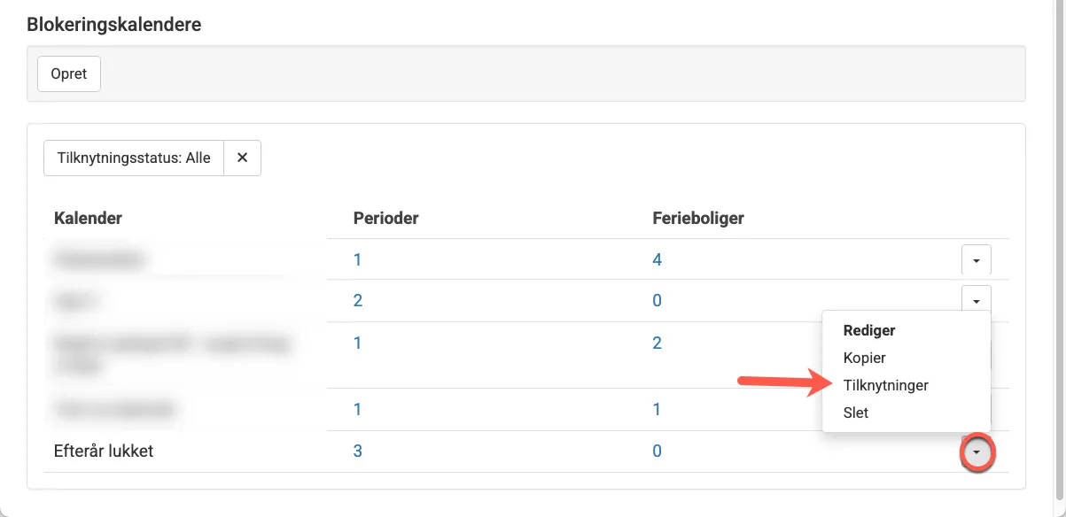 Oversigt over oprettede blokeringskalendre