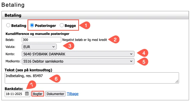 felter i indbetaling/bogføring