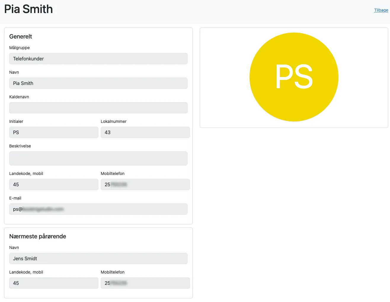 Visning af en bruger med kontaktoplysninger og info om pårørende