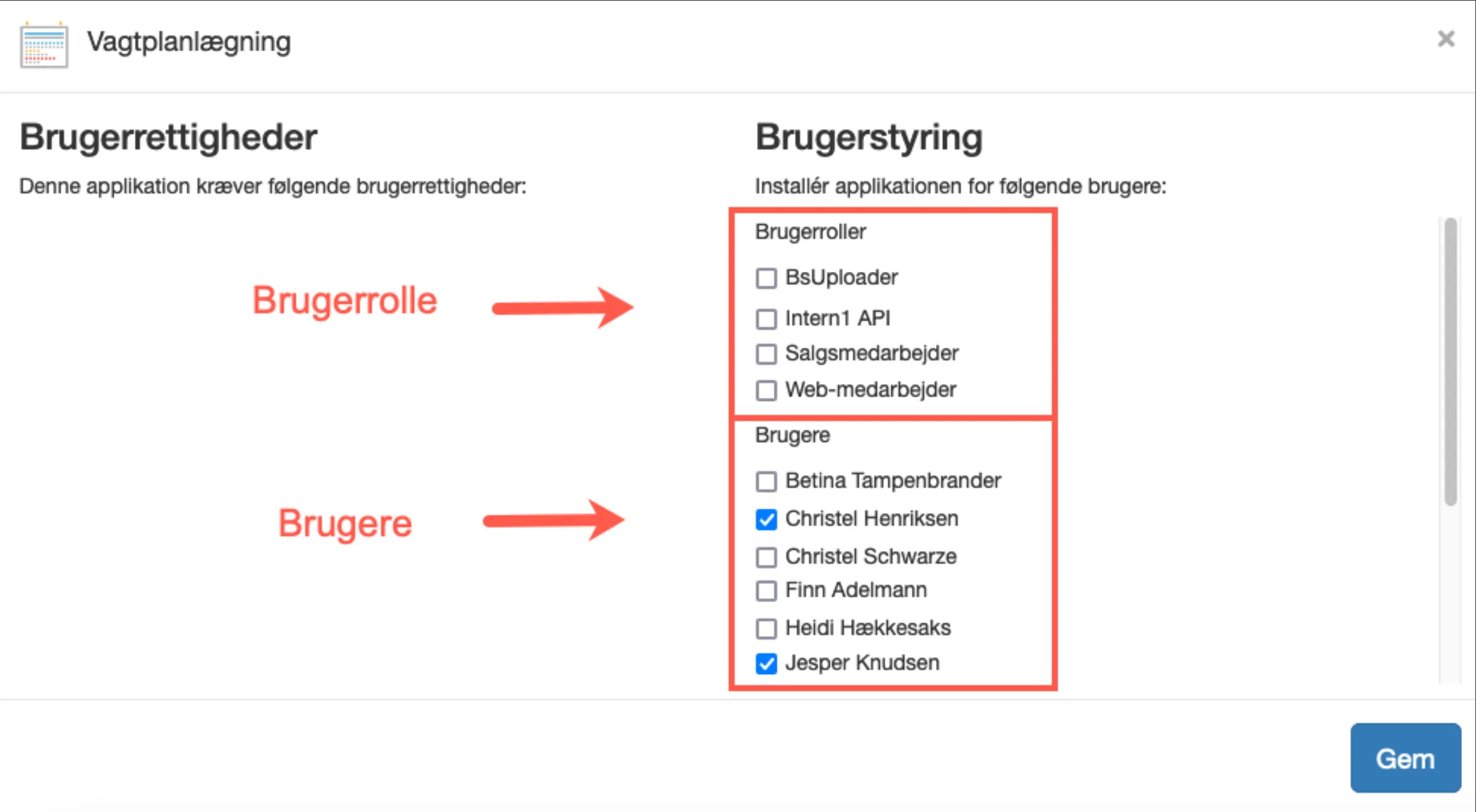 Brugerrettigheder til app via brugerrolle eller bruger