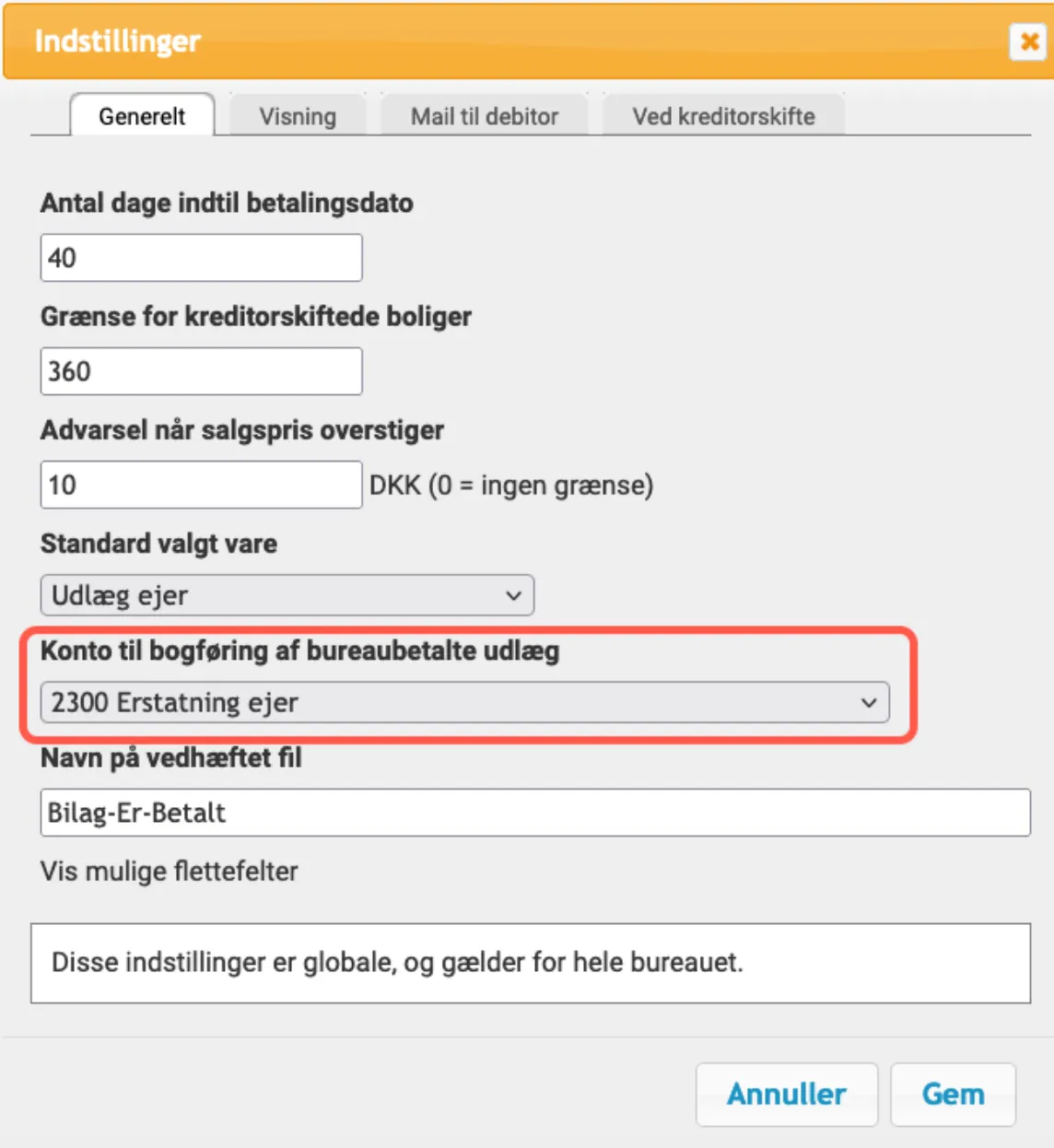 Konto til bureaubetalte udlæg
