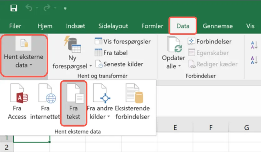 Hent csv filen ind i et Excel ark