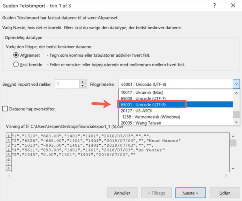 Hent csv filen ind i et Excel ark
