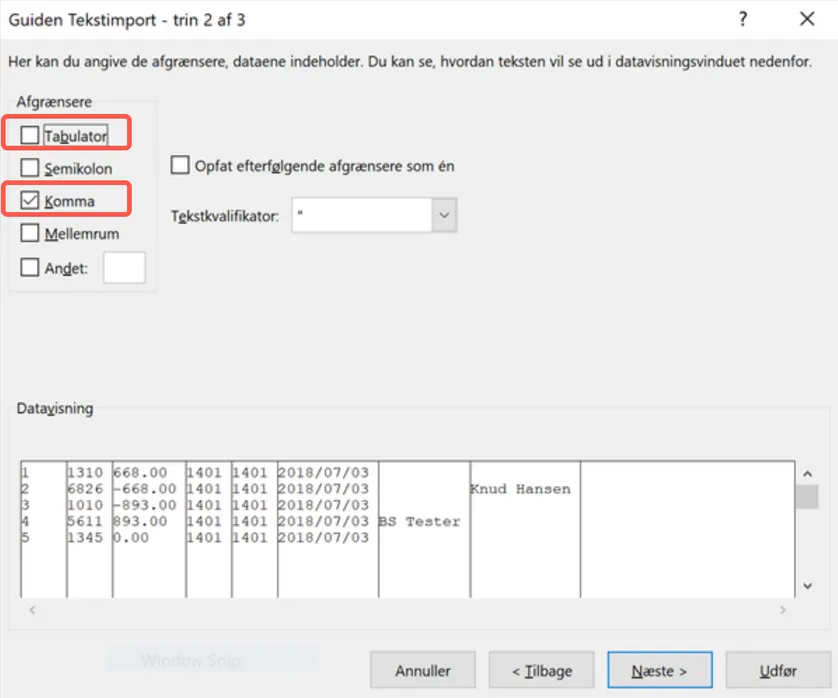 Hent csv filen ind i et Excel ark