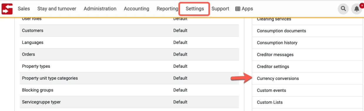 Settings for currency