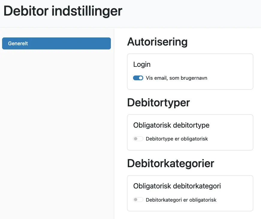 Siden til opsætning af debitorindstillinger