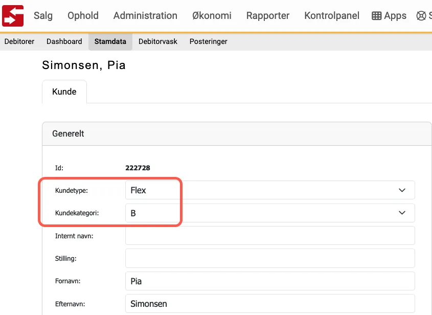 felter for type og kategori kan oprettes på kundens stamdata