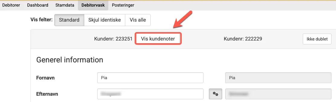 Knap til visning af kundenoter i en debitorvask