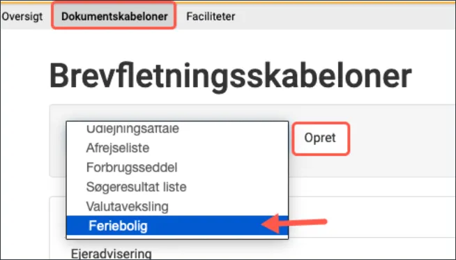 Dokumentskabelon skal ligge under emnet feriebolig