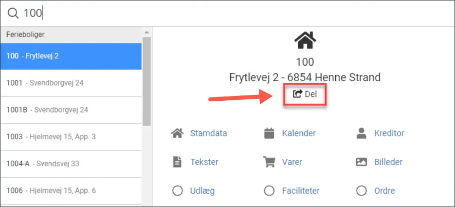 Del dokument via genvejsmenuen for en feriebolig