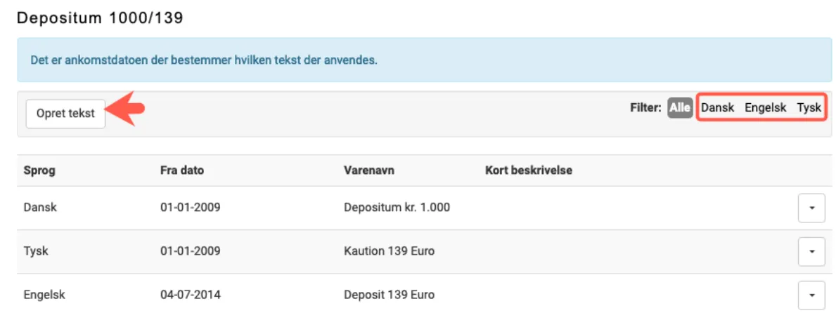 opret tekster på varen