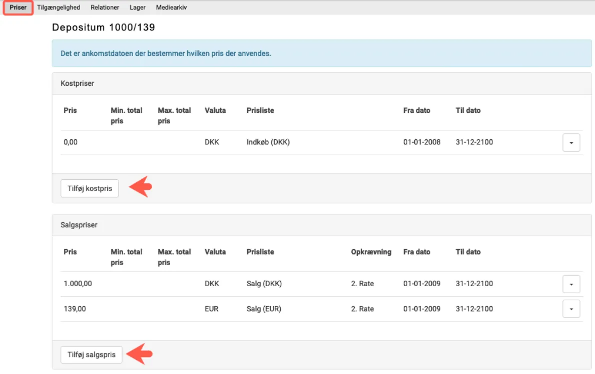 Opret en fast pris på varen