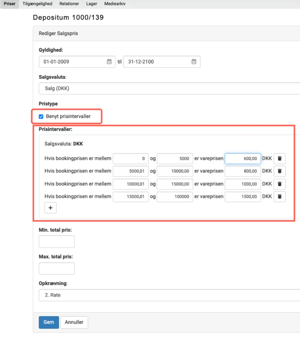 Opret priser i intervaller på varen