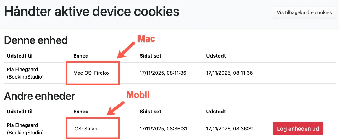 De enheder hvor jeg er logget på