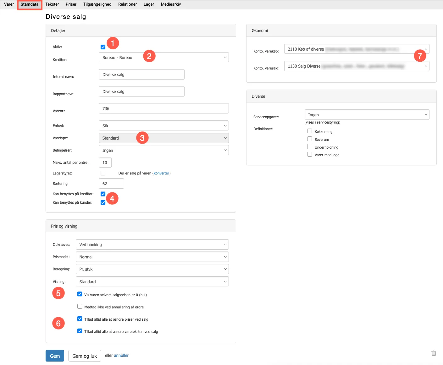 felter til oprettelse af en diverse vare