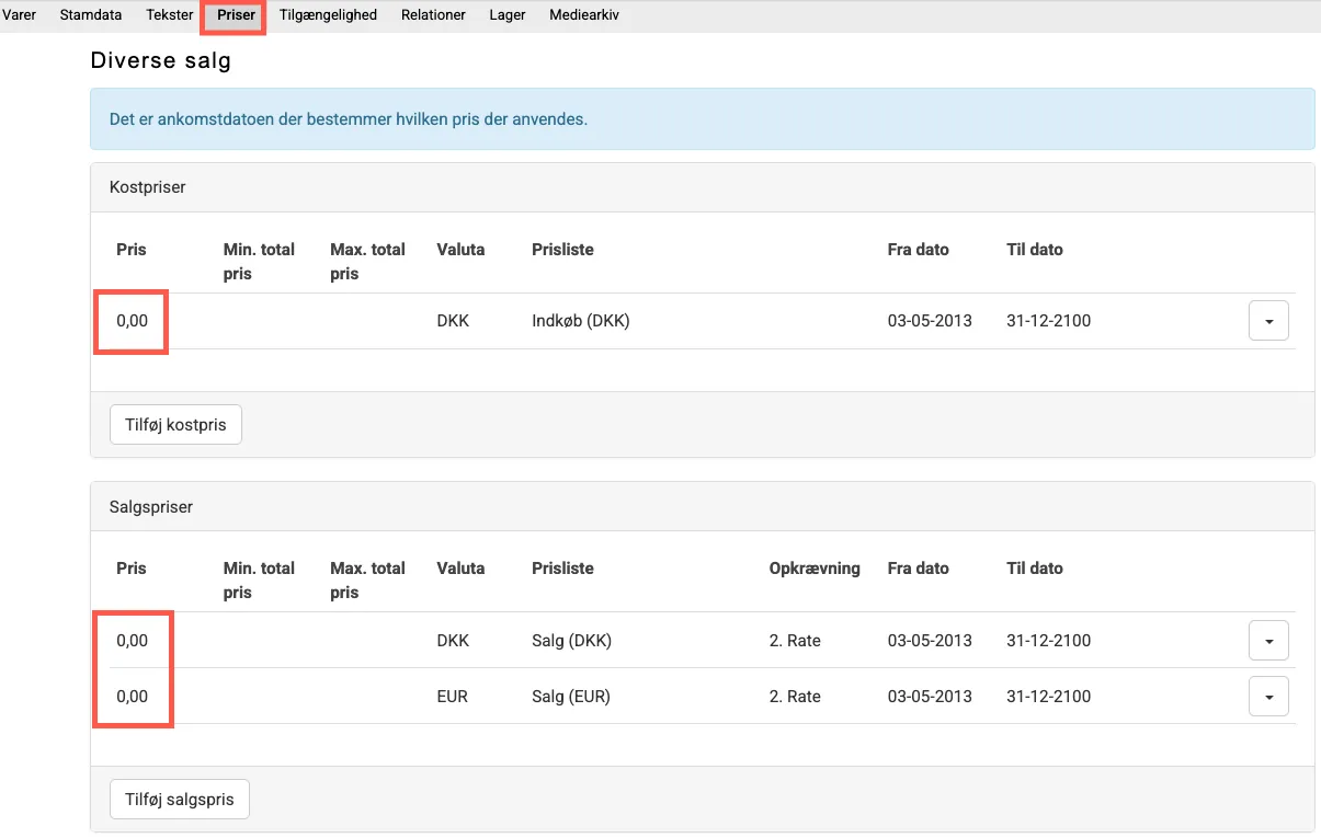 priser for en diverse vare